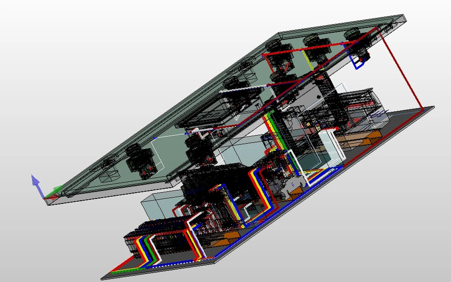Schakelkast in 3D opgebouwd in EPLAN Pro Panel, met montageplaat, deur en gerouteerde bedrading